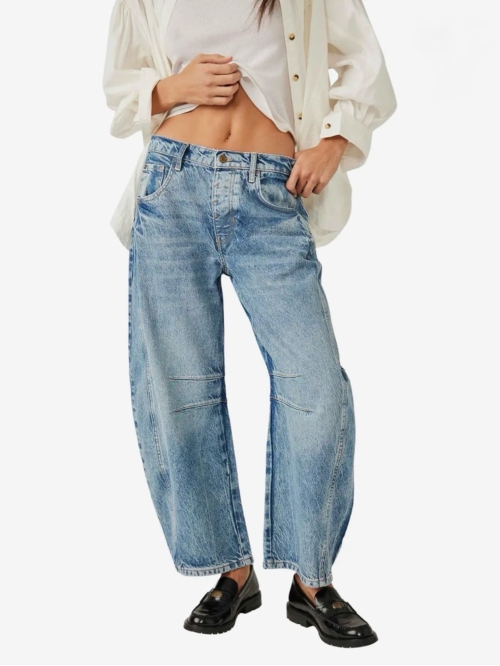 WE THE FREE GOOD LUCK MID-RISE BARREL JEANS DISTRESSED WASH SIZE 27